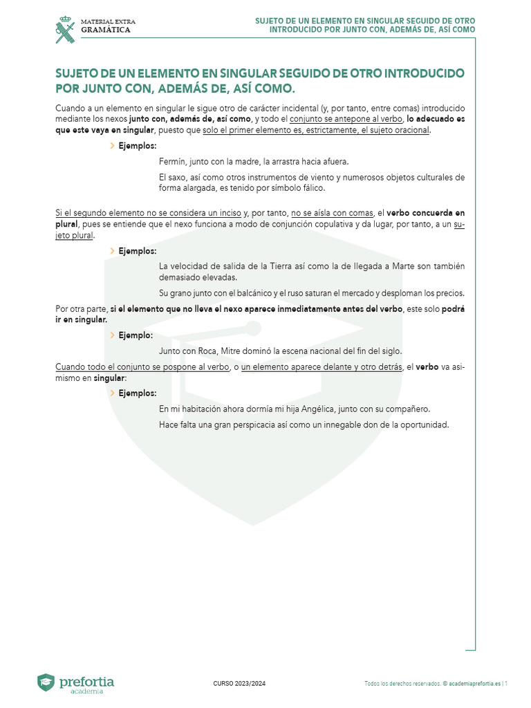 Sujeto de Un Elemento en Singular Seguido de Otro Introducido Por Junto ...