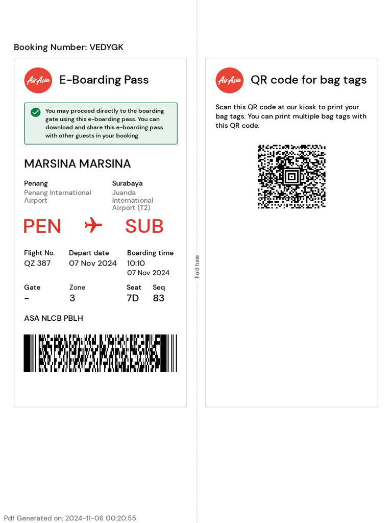 E-Boarding Pass QR Code For Bag Tags: Booking Number: VEDYGK | PDF