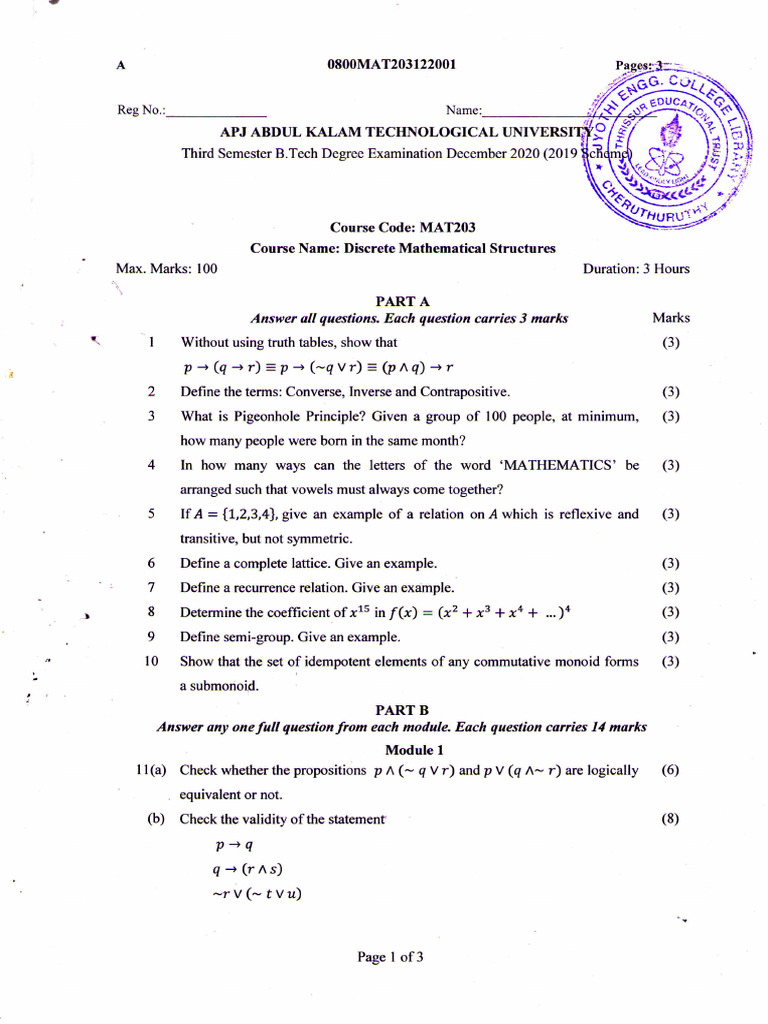Mat203 Discrete Mathematical Structures, December 2020 | PDF | Abstract ...