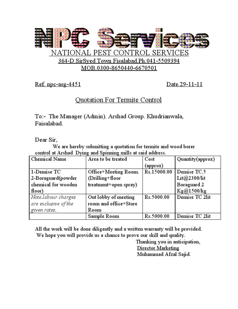 Termite Control Quotation for Arshad Group | PDF | Technology ...
