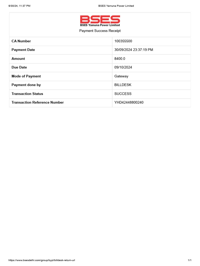 BSES Payment Confirmation | PDF