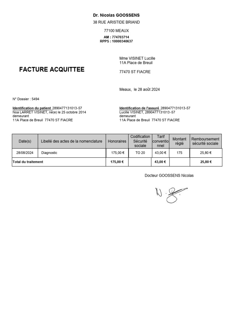 Facture acquittée - Dr Goossens | PDF