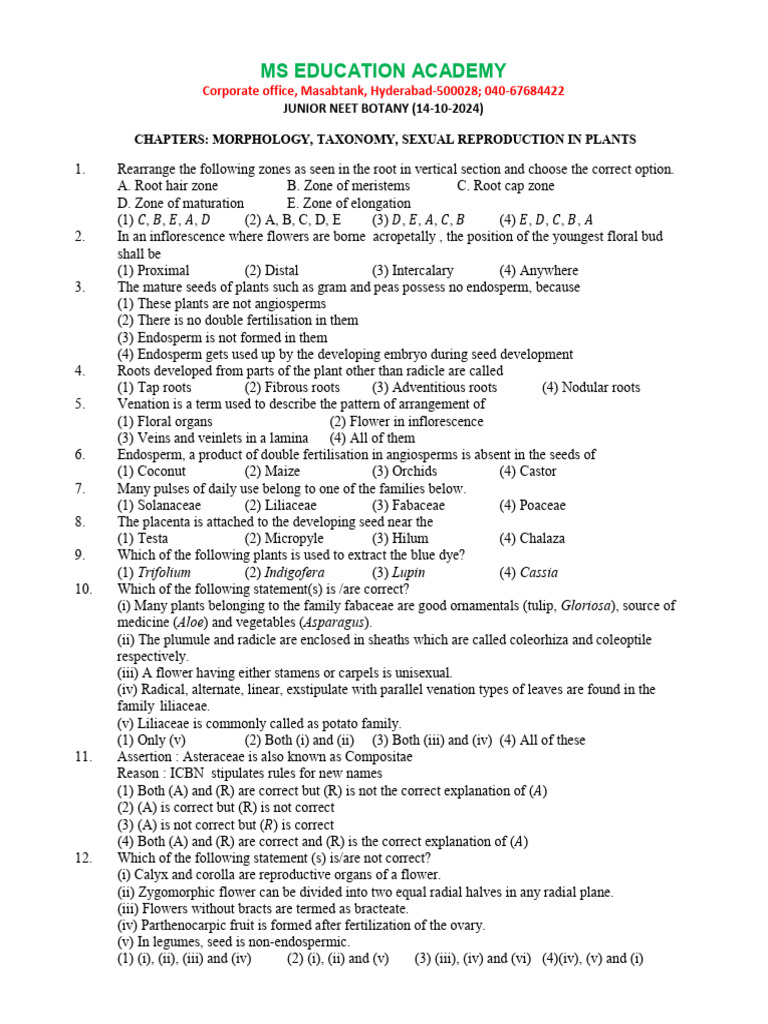 Junior NEET Botany Study Guide | PDF | Flowers | Plants