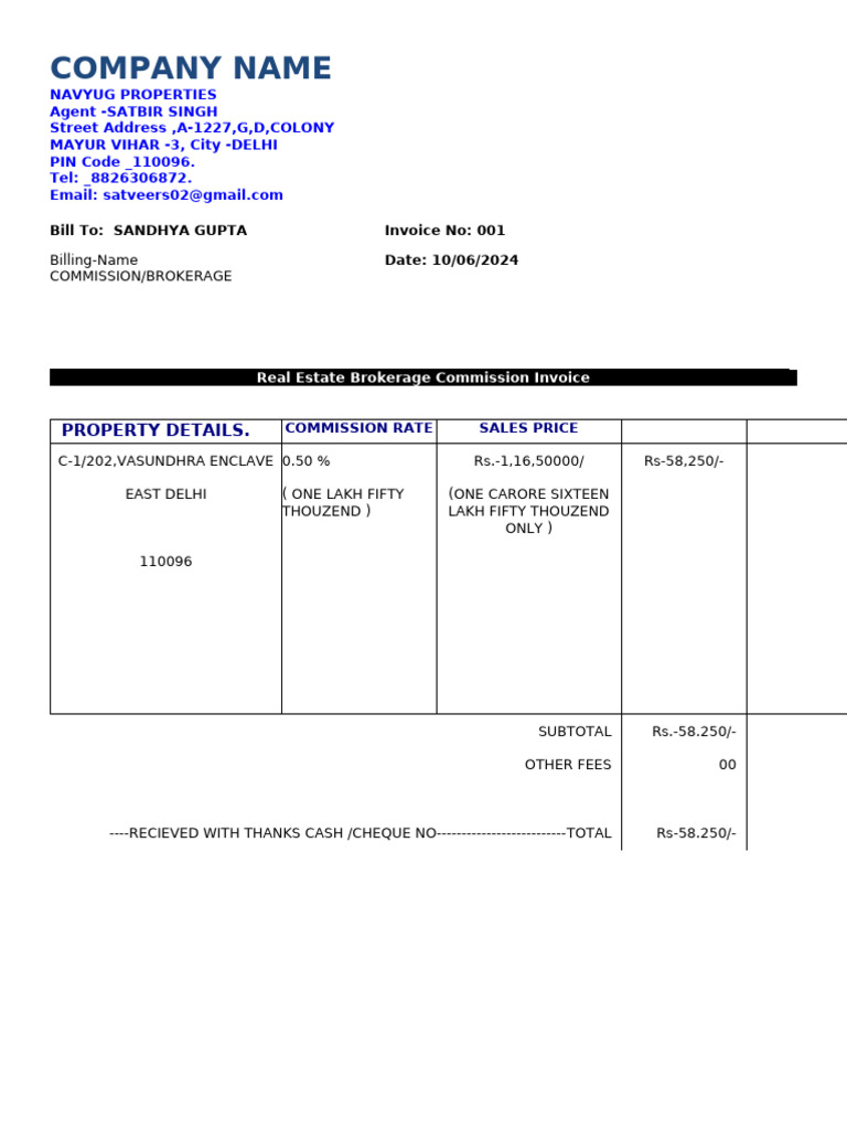 Real Estate Commission Invoice Template Excel 7 Free Excel Templates