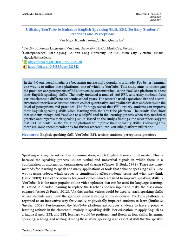 YouTube's Impact on EFL Speaking Skills | PDF | English As A Second Or ...