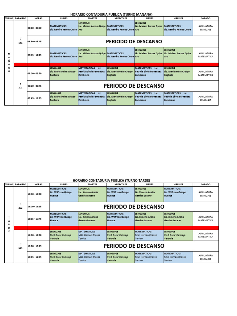 Horarios Contaduría Pública UMSA 2025 | PDF