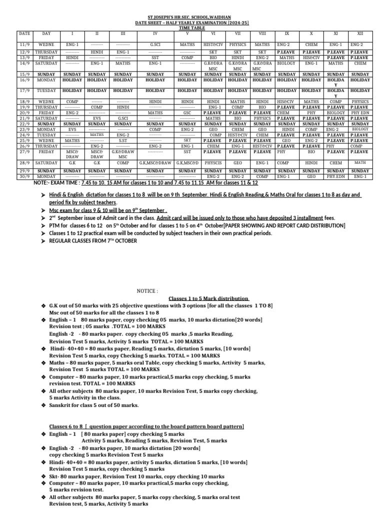 Half Yearly Exam Timetable 2024-25 | PDF | Educational Assessment And ...