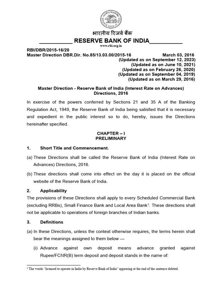 RBI Interest Rate Directions 2016 | PDF | Loans | Interest