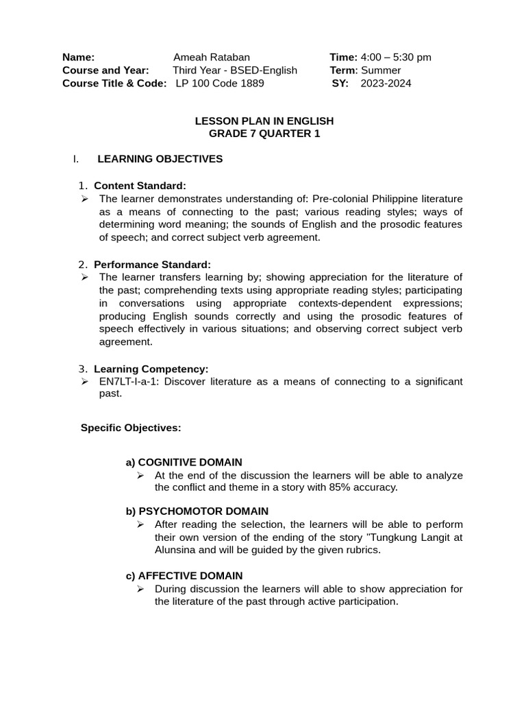 Grade 7 English Lesson Plan: 1st Quarter | PDF | Learning | Lesson Plan