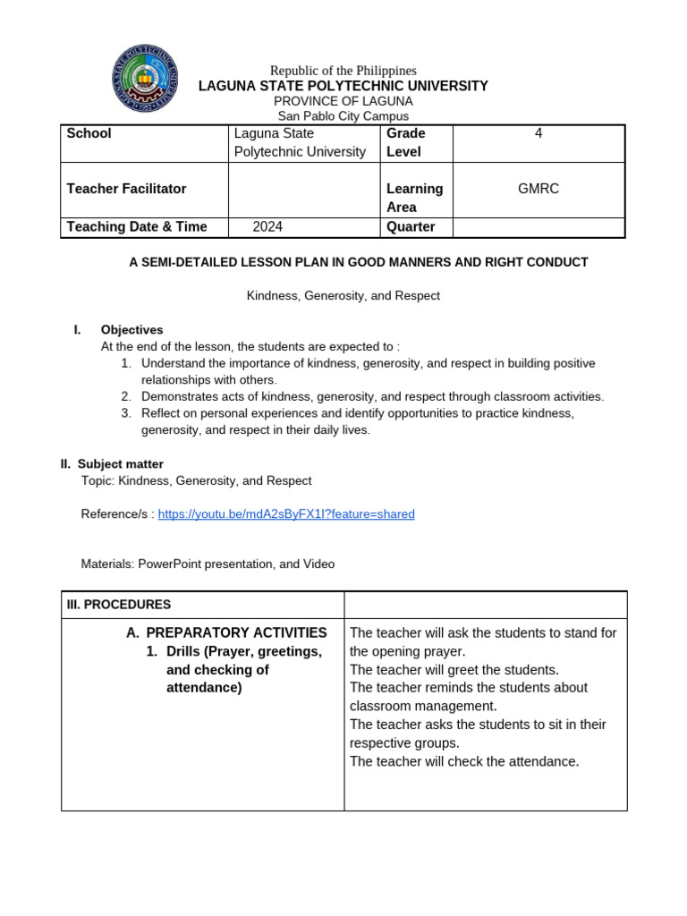 Lesson Plan: Kindness, Generosity, Respect | PDF | Teachers | Lesson Plan