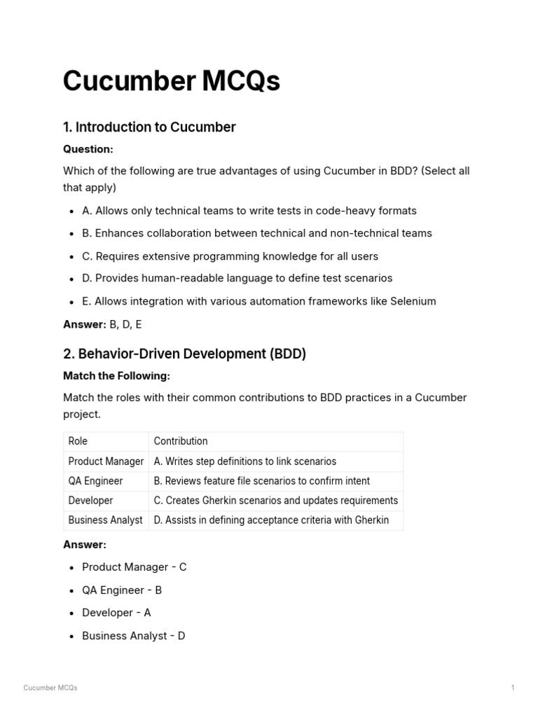 Cucumber MCQs for BDD Practices | PDF | Software Engineering | Computer ...