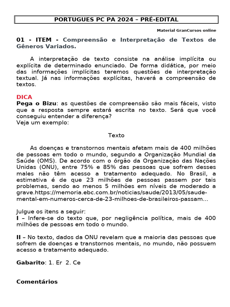 01 - Item Compreensão e Interpretação de Textos de Generos Variados ...