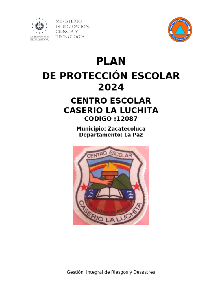 Plan de Proteccion Escolar 2024 CE CASERIO LA LUCHITA | PDF | Defensa ...