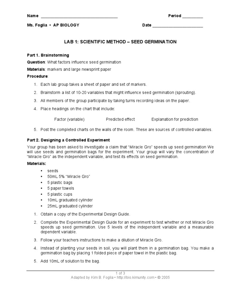 Lab 01 Seed Germination 2005 PDF Scientific Control Experiment
