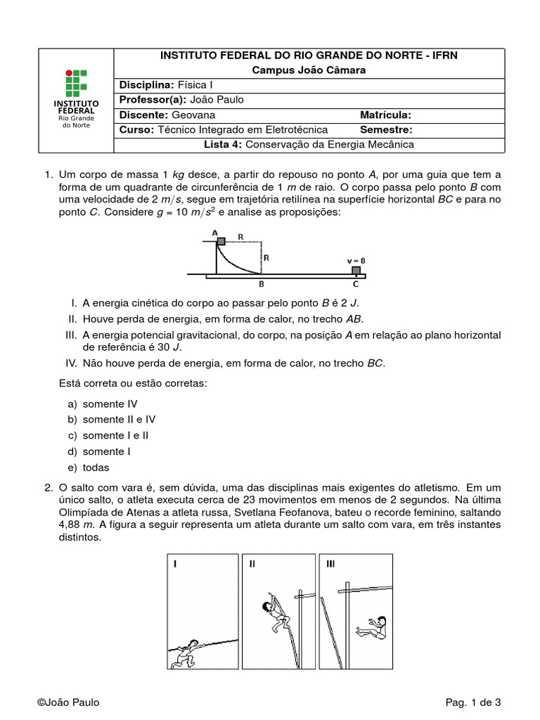 Lista de Exercícios: Energia Mecânica em Física | PDF | Energia ...