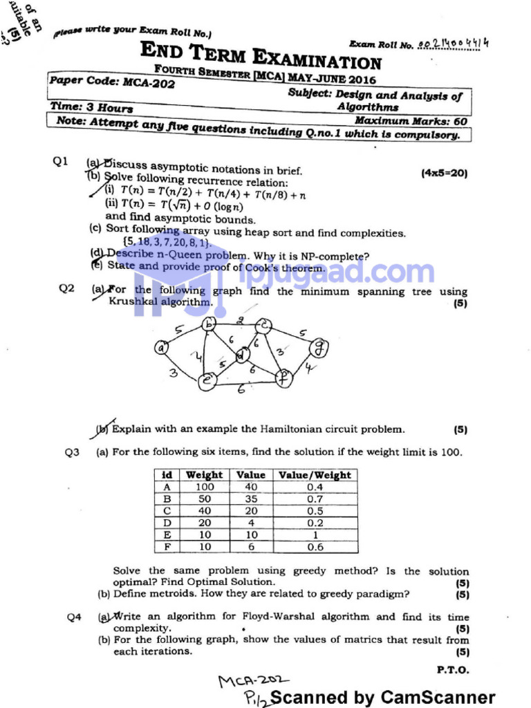 MCA 4th Sem Algorithm Paper 2016 Answers | PDF | Art