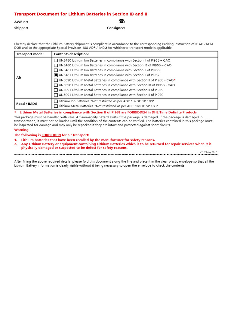Lithium Battery Transport Compliance Document | PDF | Lithium Ion ...