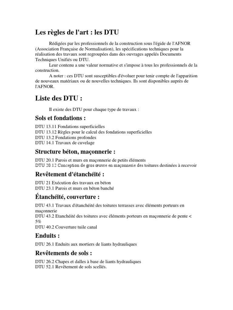 Règles des DTU en construction | PDF | Code de la construction et de l ...