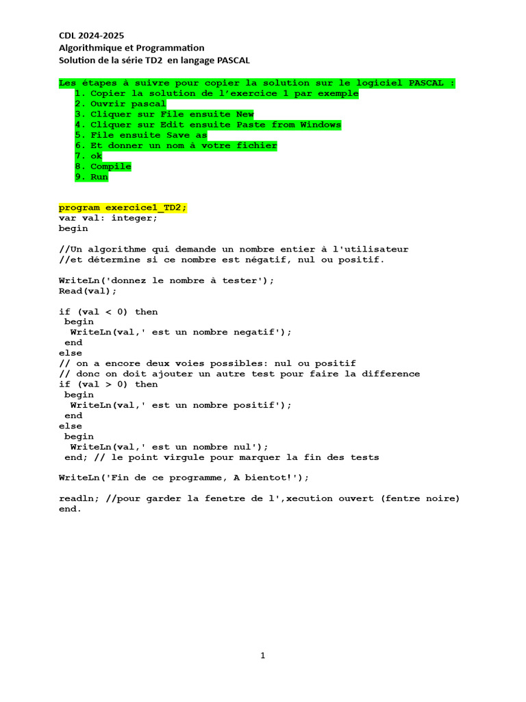 Solutions TD2 en langage Pascal | PDF | Programmation informatique ...