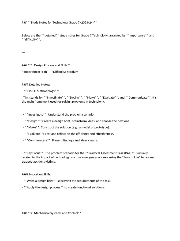 Grade 7 Technology Study Notes 2023/24 | PDF | Lever
