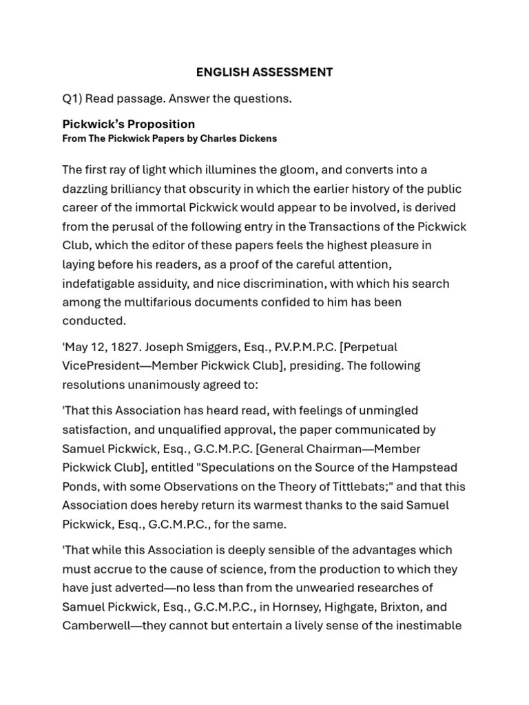 ENGLISH ASSESSMENT Hasnain | PDF | The Pickwick Papers | Debut Novels