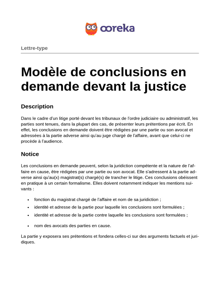 Modèle de conclusions en demande judiciaire | PDF | Systèmes ...