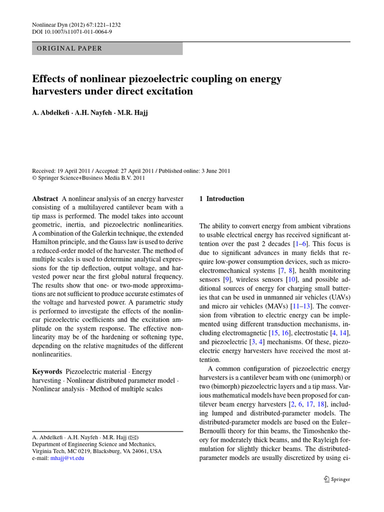 Nonlinear Piezoelectric Energy Harvesting | PDF | Piezoelectricity ...