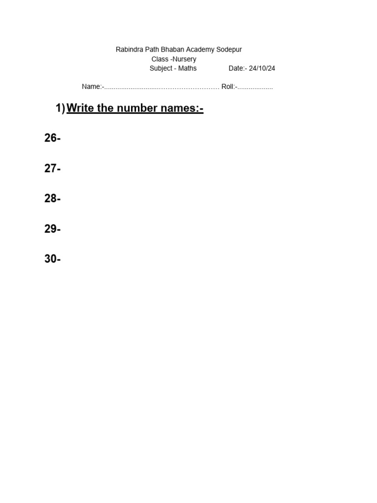 Nursery Maths Worksheet: Number Names | PDF