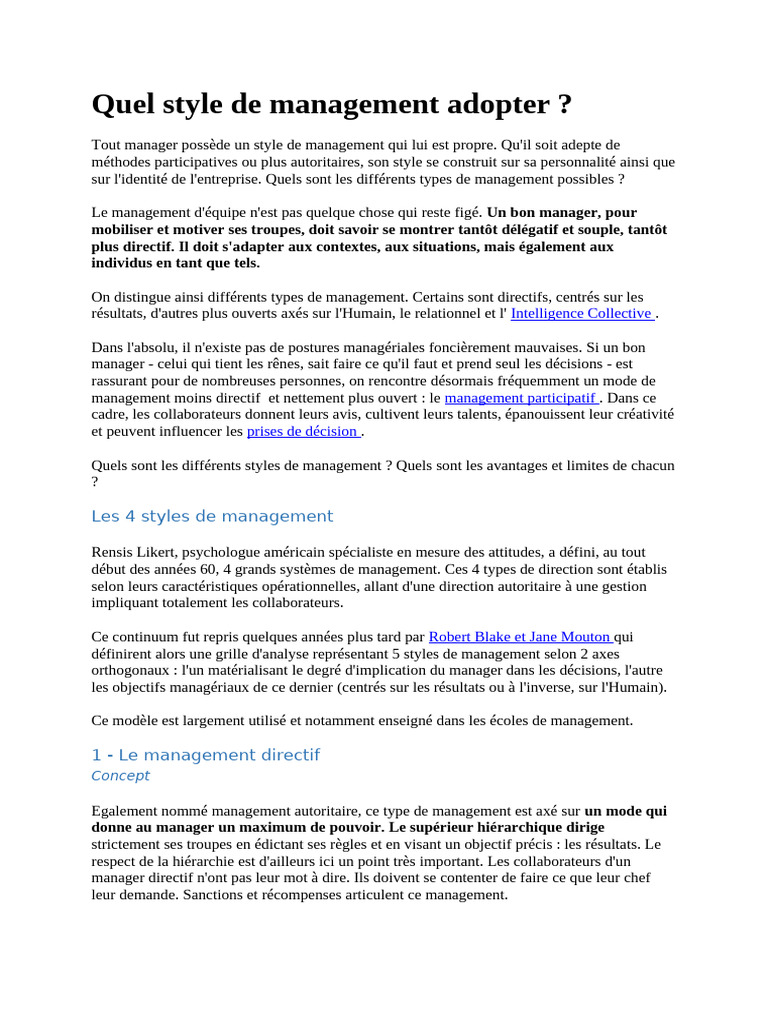 Styles de management : avantages et limites | PDF | Responsabilisation ...