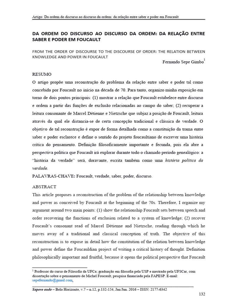 Da Ordem Do Discurso Ao Discurso Da Ordem - Da Relação Entre Saber e ...