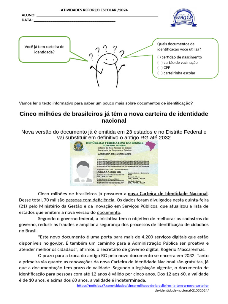 Atividades sobre Identidade para 3º Ano | PDF | Carreira e Crescimento ...