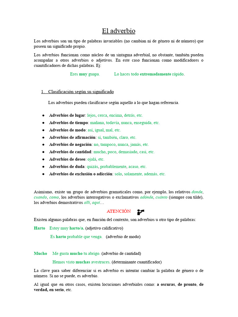 Clasificación y funciones de los adverbios | PDF | Artes del Lenguaje y ...