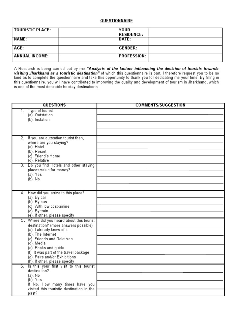 Questionnaire For Tourism Industry Tourism Tourism And Leisure