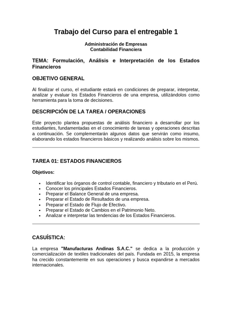 Trabajo Del Curso Contabilidad Financiera E1 | PDF | Estado financiero ...