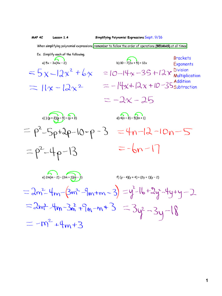4C 1.4 Notes - Simplifying Polynomial Expressions | PDF