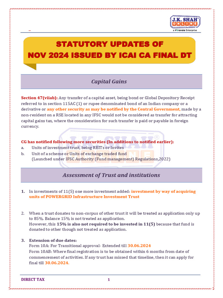 Direct Tax Updates for IFSC Investments | PDF