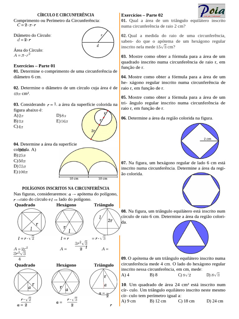 Exercícios sobre Círculo e Circunferência | PDF | Triângulo | Círculo