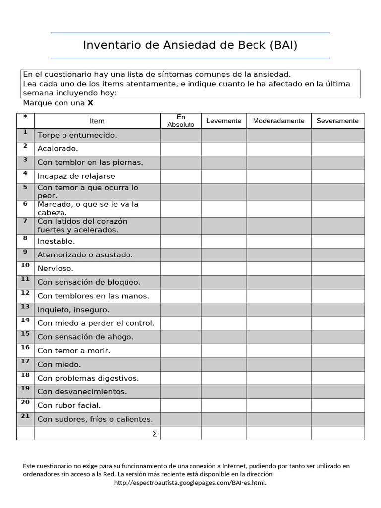 Cuestionario de Ansiedad de Beck (BAI) | PDF