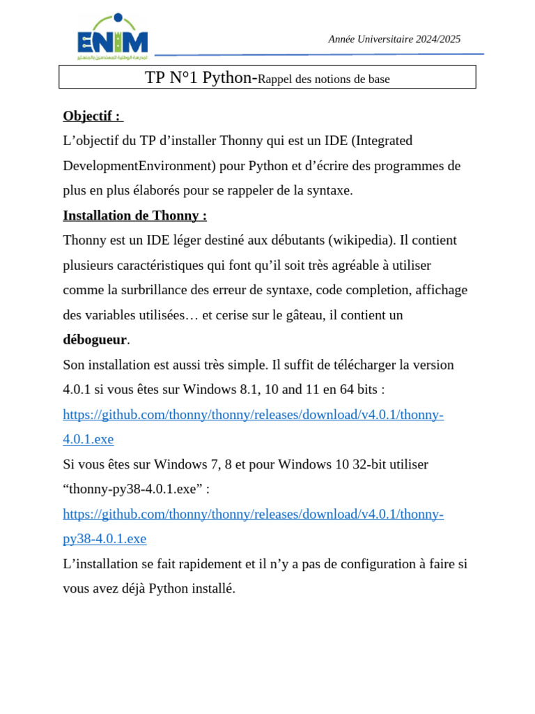 Installation et Exercices Thonny Python | PDF | Python (Langage de ...