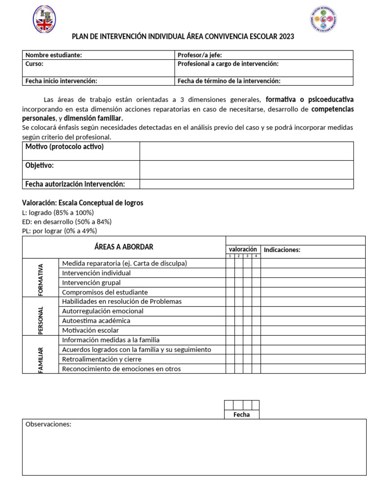 Plan de Intervención Escolar 2023 | PDF | Crecimiento personal y ...