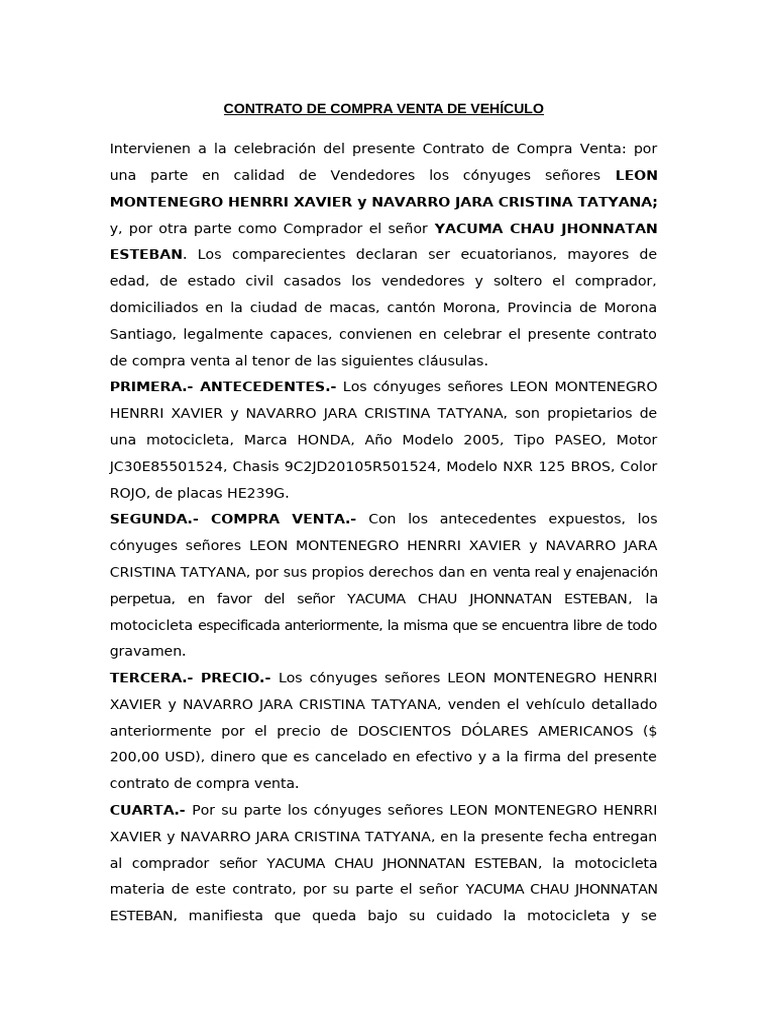 Contrato de Compra Venta de Motocicleta | PDF | Derecho