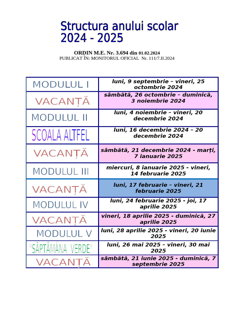 Structura Anului Scolar 2024-2025 | PDF
