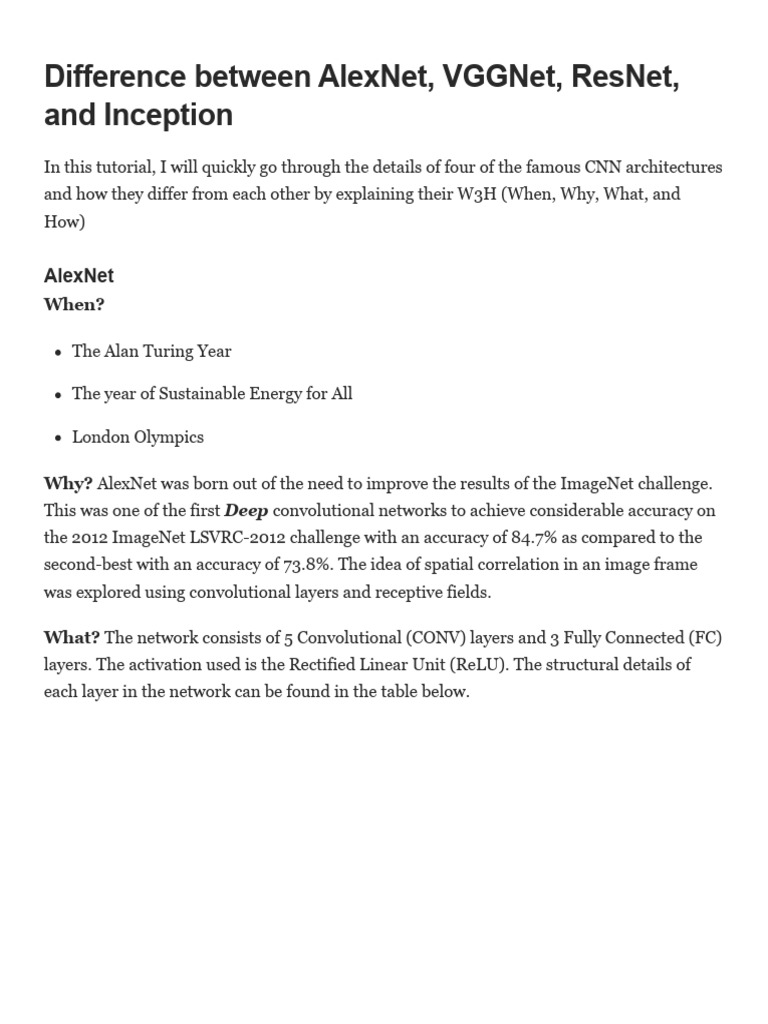 Difference Between Alexnet, Vggnet, Resnet, and Inception | PDF ...