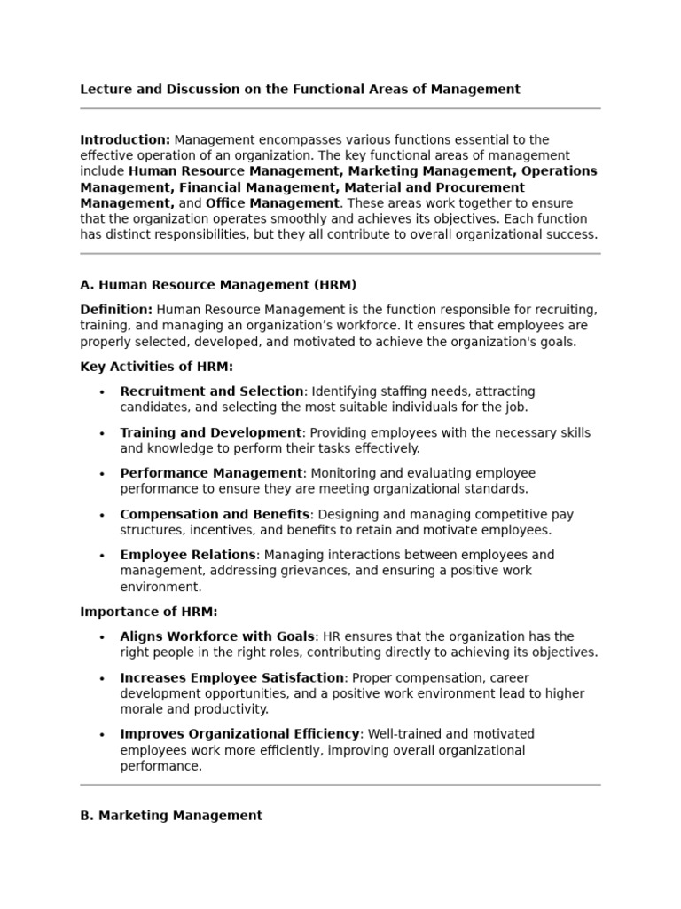 Lecture and Discussion On The Functional Areas of Management | PDF ...