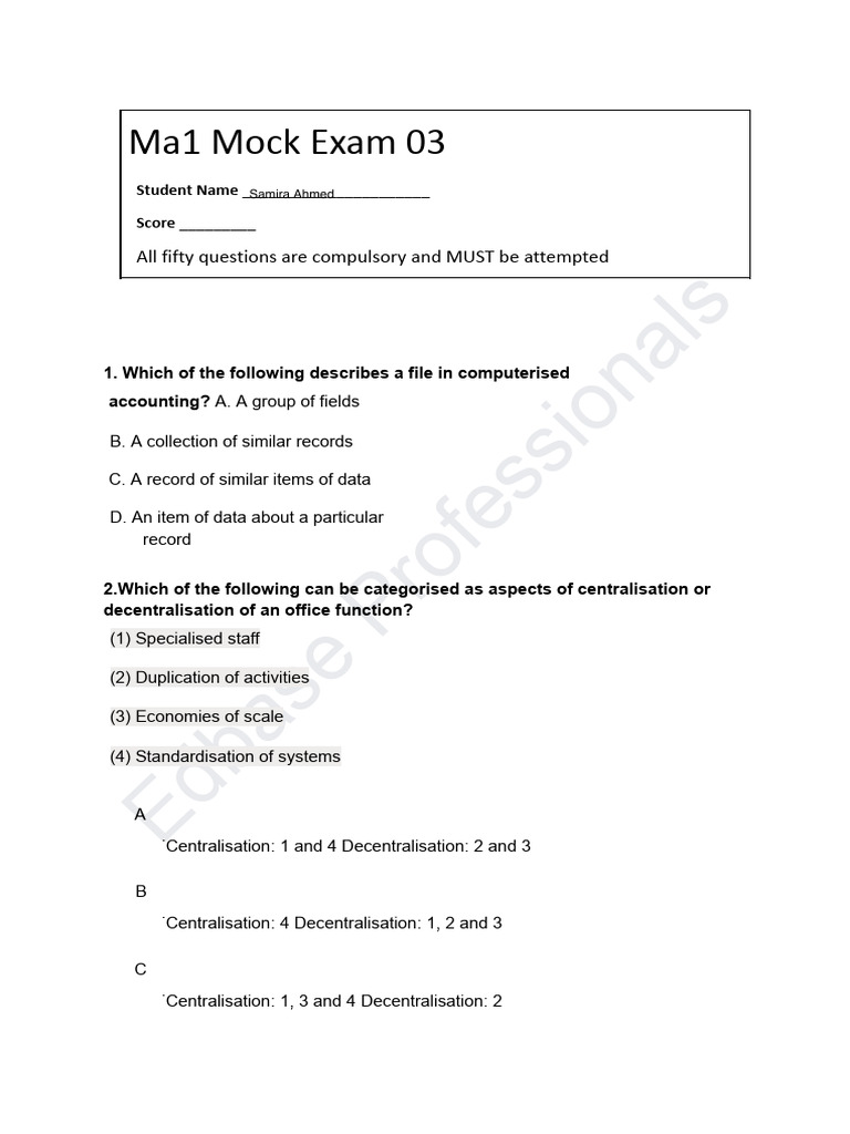 MA1 Mock1 | PDF | Spreadsheet | Inventory
