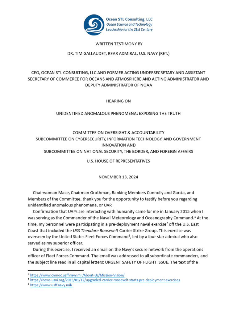 UAP Testimony by Dr. Tim Gallaudet | PDF | Unidentified Flying Object | United States Congress