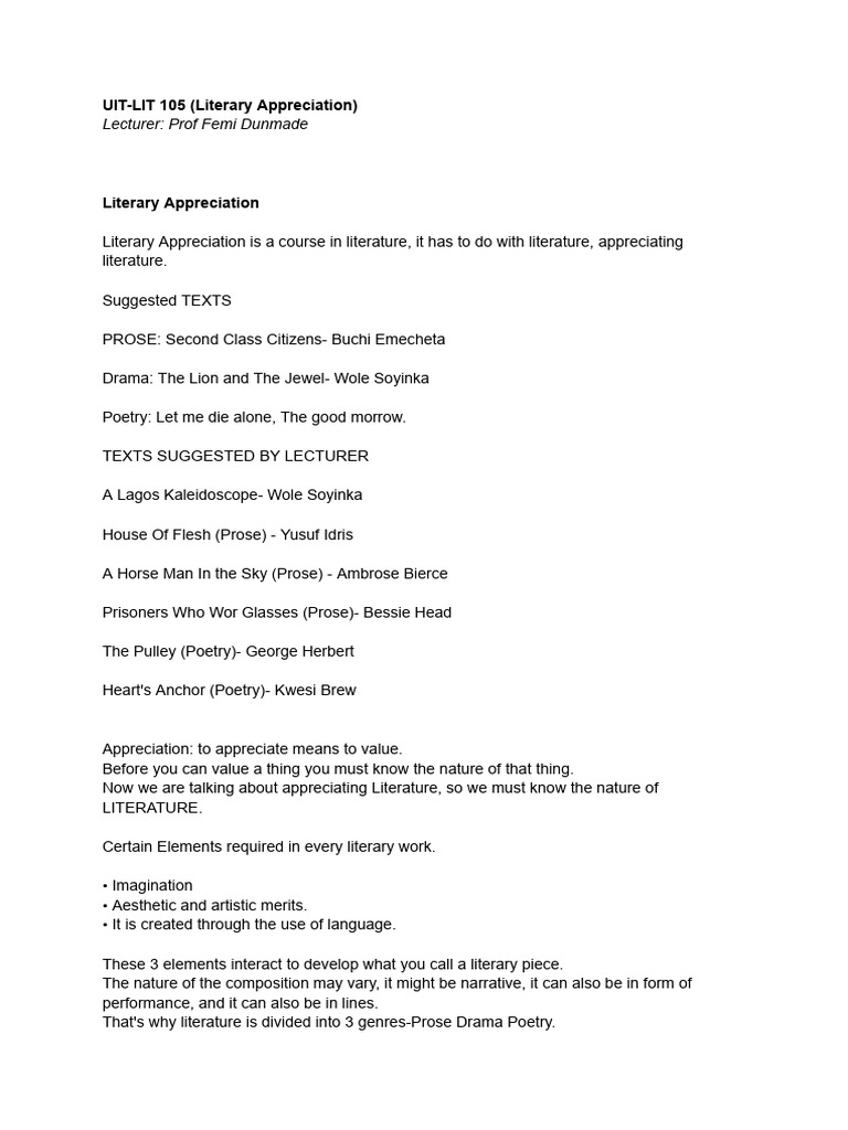 Literary Appreciation in UIT-LIT 105 | PDF | Genre | Poetry