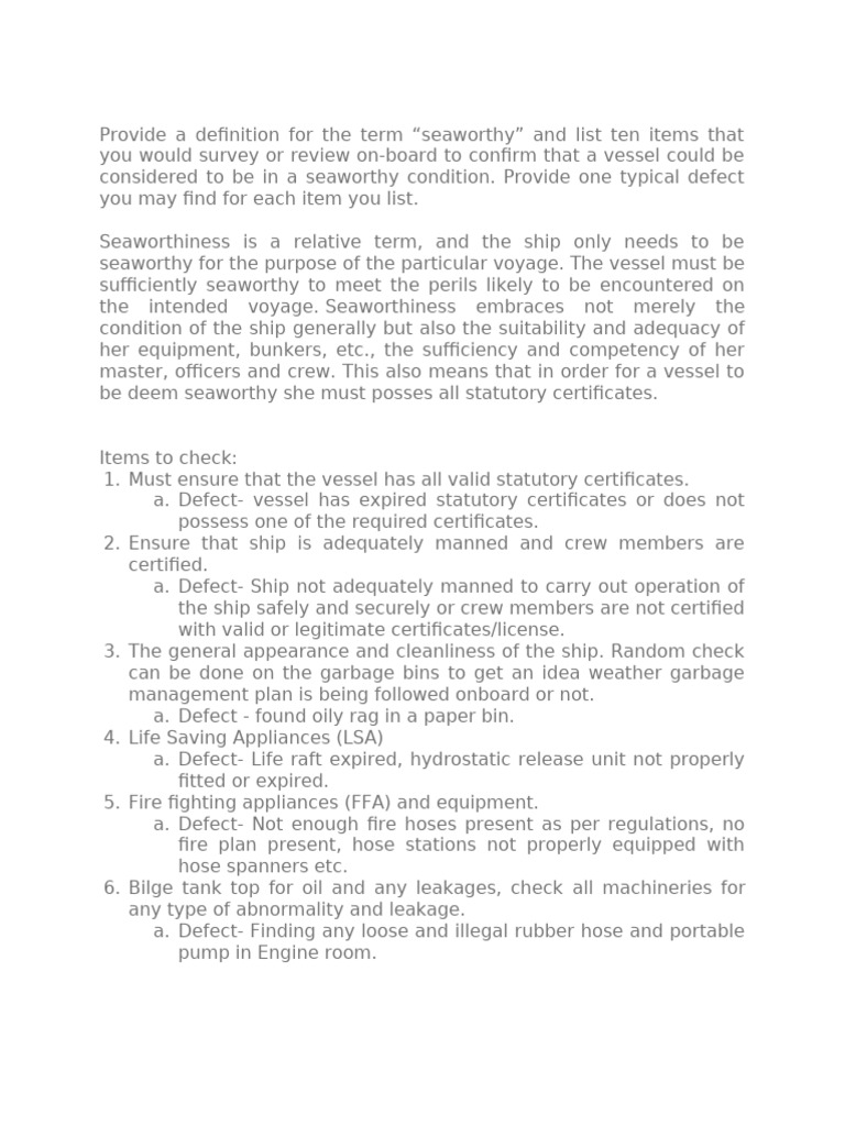 Seaworthy Vessel Checklist & Defects | PDF | Shipping | Water Transport