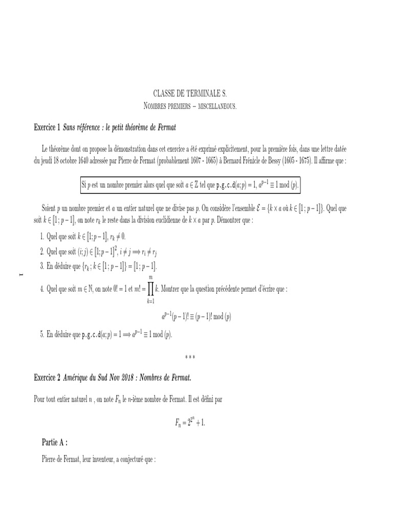Exercices sur les Nombres Premiers et Fermat PDF Nombre premier — free download