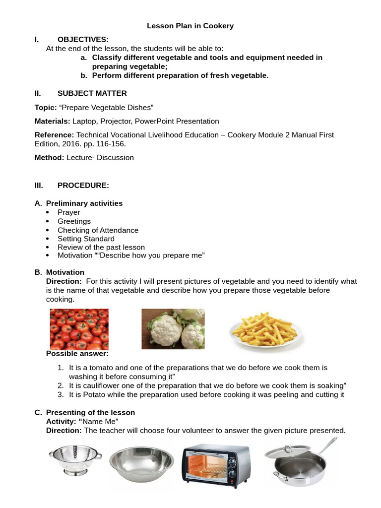 Lesson Plan in Tools and Equipment | PDF | Vegetables | Foods